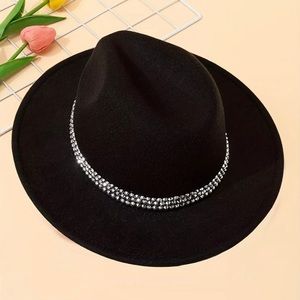 Black Flat Brim Jazz Hat Rhinestone Strap Decor Vintage Jazz Fedora Cap